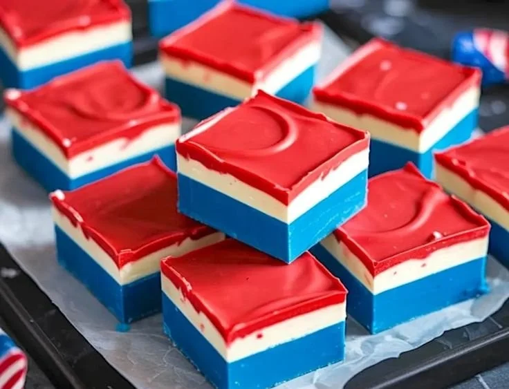 Delicious 4th of July white chocolate fudge dessert decorated with patriotic themes.