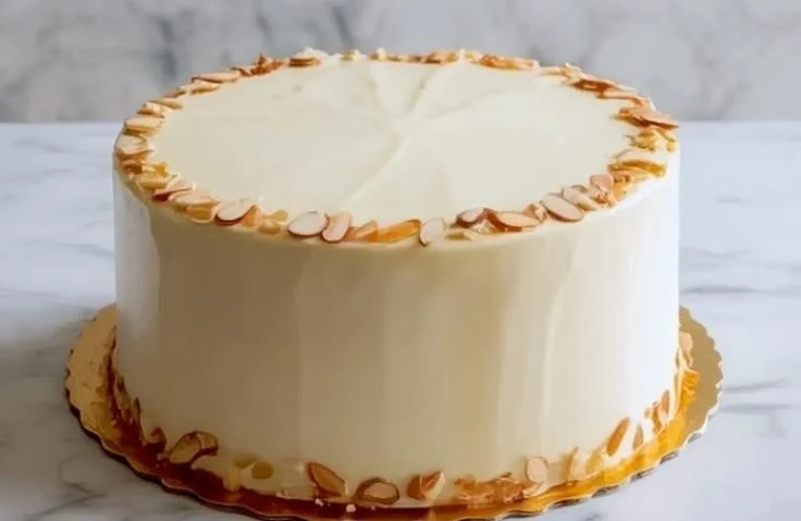 Deliciously moist Almond Amaretto Cake topped with almonds and amaretto frosting