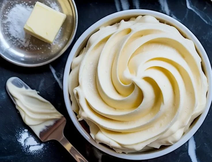 Delicious homemade American buttercream frosting in a mixing bowl