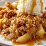 Delicious baked apple crumble topped with golden brown crumble and served warm