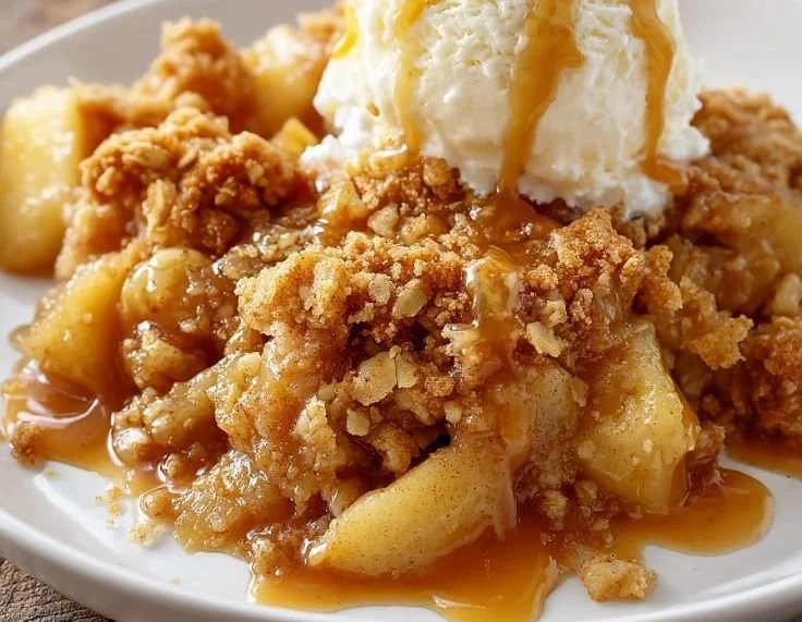 Delicious baked apple crumble topped with golden brown crumble and served warm
