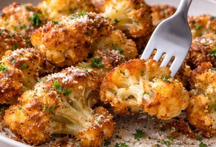 Baked crispy cauliflower bites served with garlic sauce on a white plate