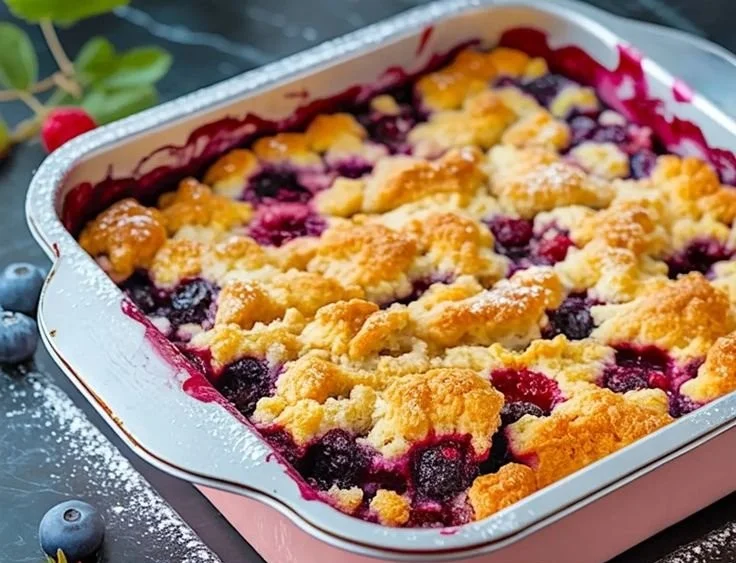Delicious homemade Berry Dump Cake topped with berries and cake mix