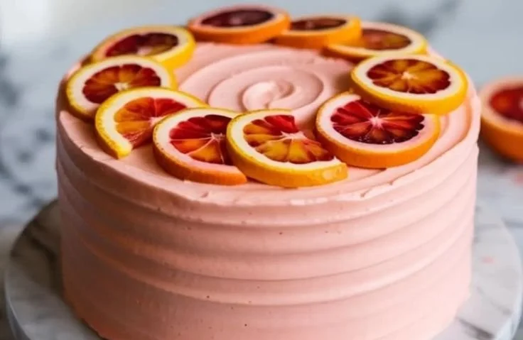 Deliciously moist Blood Orange Cake with vibrant orange slices and glaze