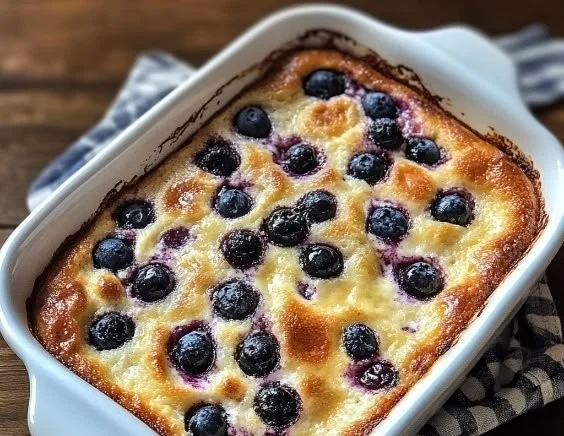 Delicious blueberry buttermilk pancake casserole fresh out of the oven