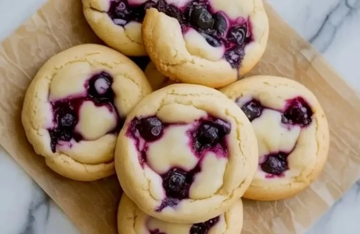 Freshly baked Blueberry Cheesecake Cookies on a cooling rack