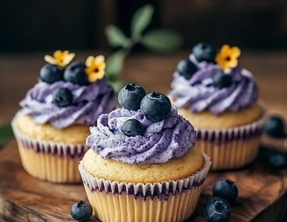 Freshly baked blueberry cupcakes topped with creamy frosting