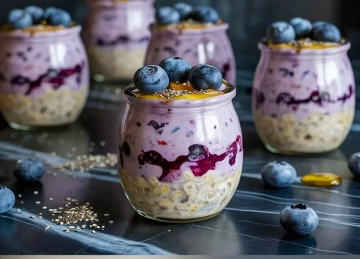 Bowl of blueberry overnight oats topped with fresh blueberries and honey