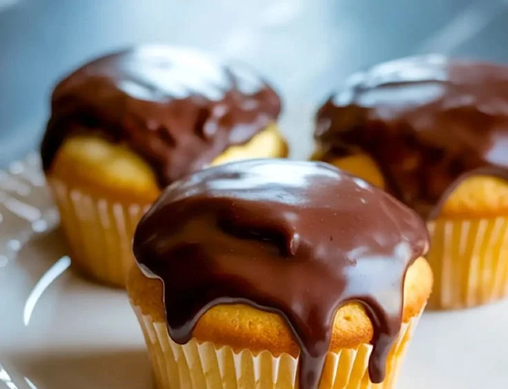 Delicious Boston Cream Pie Cupcakes topped with chocolate and cream filling