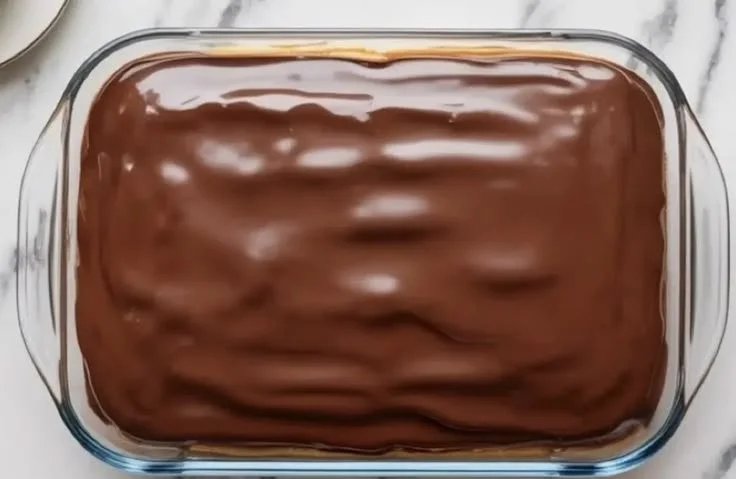 Delicious Boston Cream Pie Poke Cake topped with chocolate and creamy filling