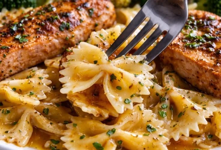 Bowtie pasta dish with cowboy butter lemon chicken and broccoli