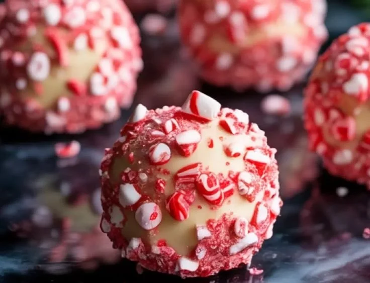 Delicious candy cane fudge snowballs decorated for the holiday season