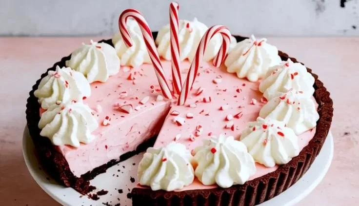 Delicious Candy Cane Pie topped with whipped cream and crushed candy canes