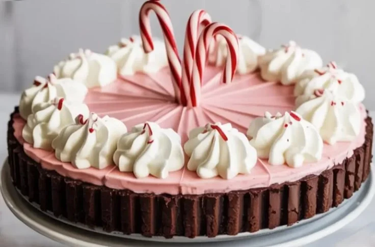 Delicious Candy Cane Pie served with whipped cream and festive decorations