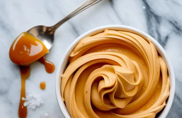 Homemade caramel buttercream frosting on a chocolate cupcake