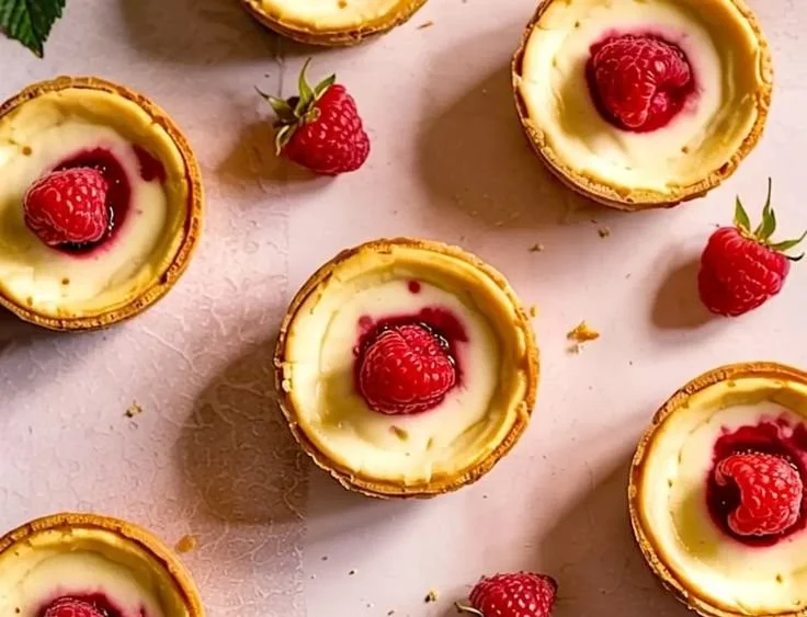 Cheesecake tartlets with raspberry filling displayed on a plate