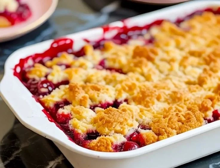 Delicious Cherry Dump Cake ready to serve, made with cherries and cake mix.