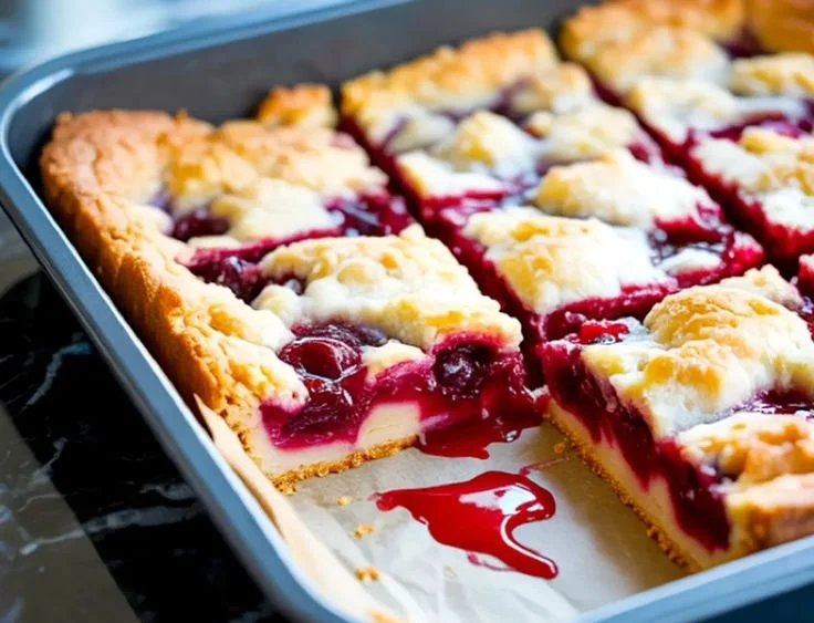 Delicious cherry pie bars served on a white plate with a fork