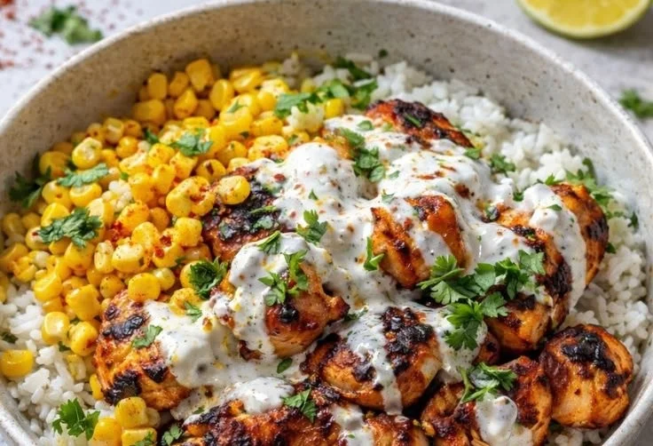 Chicken rice bowl with street corn and fresh toppings