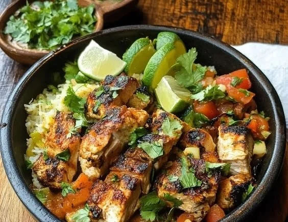 Savory Chipotle Lime Chicken Bowls garnished with fresh ingredients