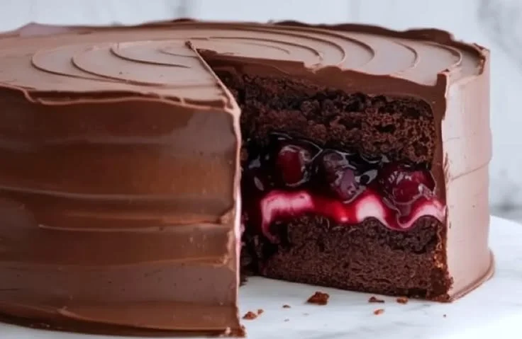 Delicious chocolate cake layered with cherry pie filling, perfect for dessert lovers.