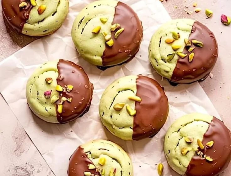 Chocolate dipped pistachio cookies on a plate with a festive background