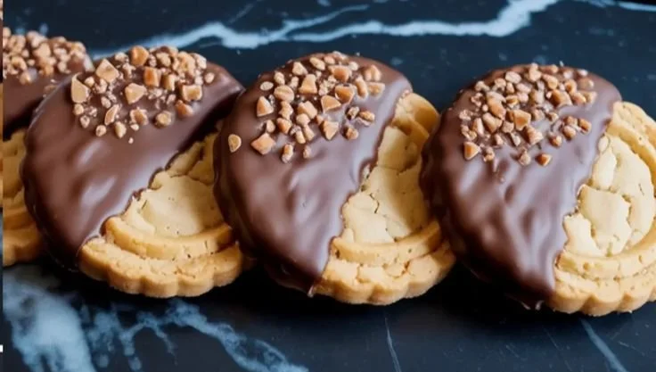 Delicious chocolate dipped toffee cookies arranged on a plate
