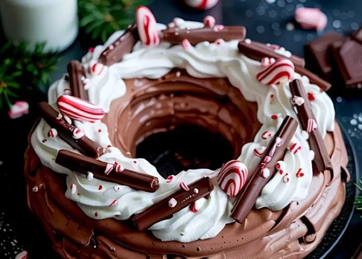 Chocolate Peppermint Pavlova Wreath decorated with peppermint candies and chocolate drizzles