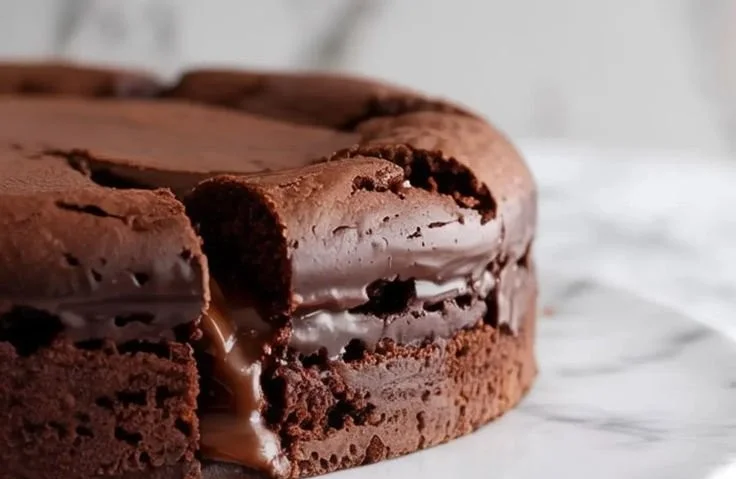 Delicious homemade chocolate pudding cake topped with whipped cream and cocoa.