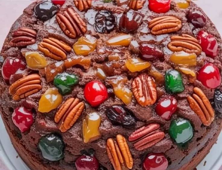 Delicious homemade Christmas fruit cake decorated with dried fruits and nuts