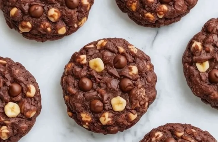 Bowl of freshly baked Cocoa Banana Chickpea Cookies on a wooden table.