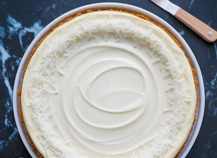 Delicious homemade Coconut Cheesecake topped with coconut flakes