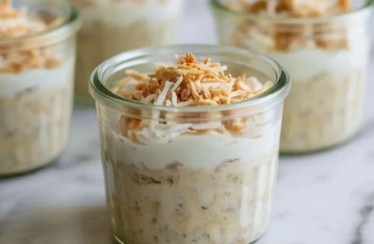 A bowl of coconut cream pie overnight oats topped with coconut flakes and berries