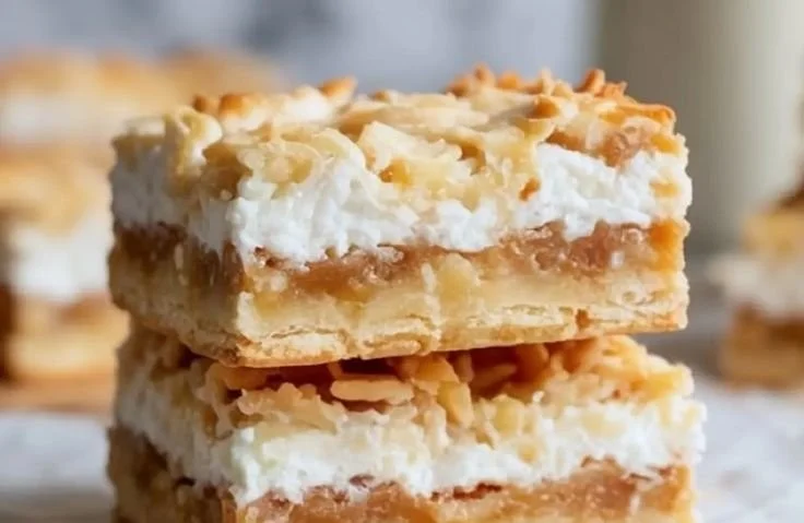 Delicious Coconut Dream Bars with coconut flakes and creamy topping
