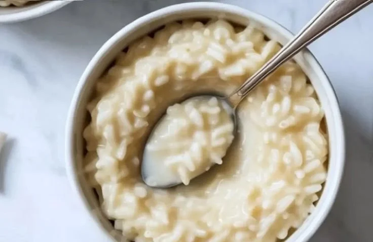 Bowl of creamy coconut milk rice pudding garnished with coconut flakes and fruit
