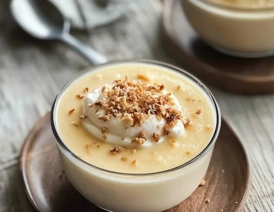 Delicious coconut pudding topped with coconut flakes and served in a bowl