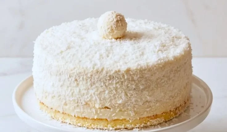 Delicious Coconut Raffaello Cake topped with coconut flakes and almonds