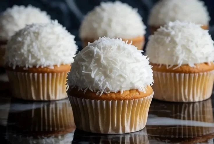 Delicious Coconut Snowball Cupcakes topped with coconut flakes and icing.