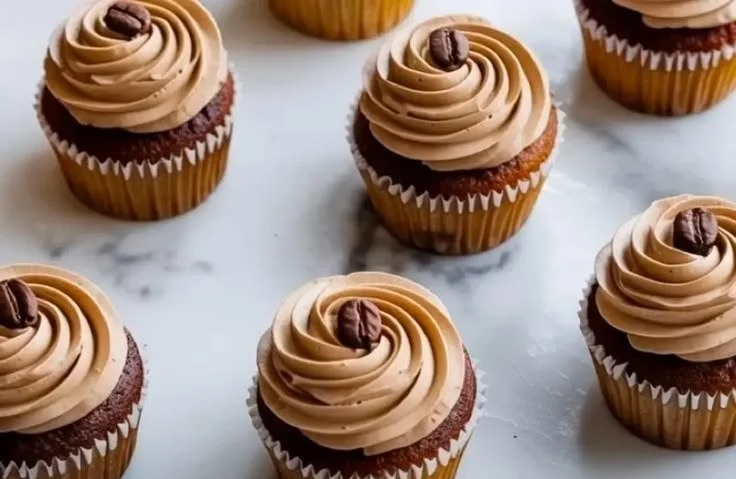 Delicious coffee cupcakes topped with creamy frosting and coffee beans.