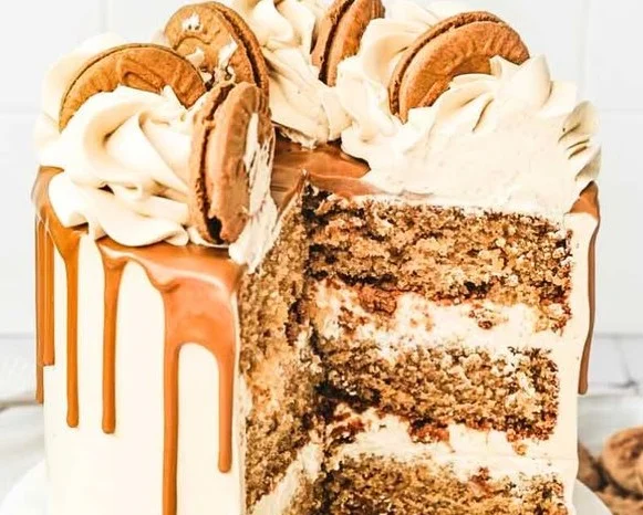 Delicious slice of Cookie Butter Cake topped with creamy frosting