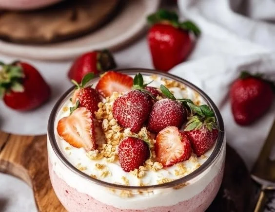 Delicious cottage cheese strawberry mousse served in a glass with fresh strawberries.