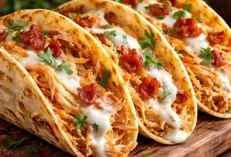 A plate of tasty Crack Chicken Tacos topped with fresh herbs and cheese.