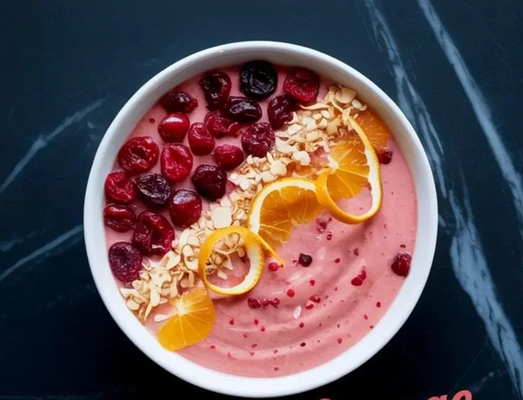 Cranberry Orange Smoothie Bowl topped with fresh fruits and nuts