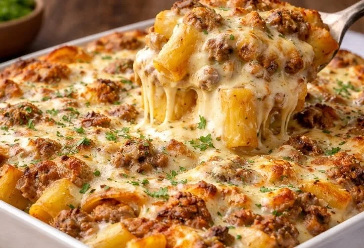 Creamy Alfredo pasta dish with ground beef, garnished with parsley