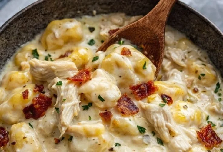Creamy Chicken Bacon Gnocchi served in a bowl with herbs
