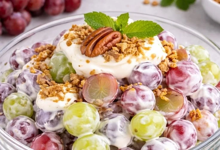 Creamy Southern-style grape salad with pecans served in a bowl.
