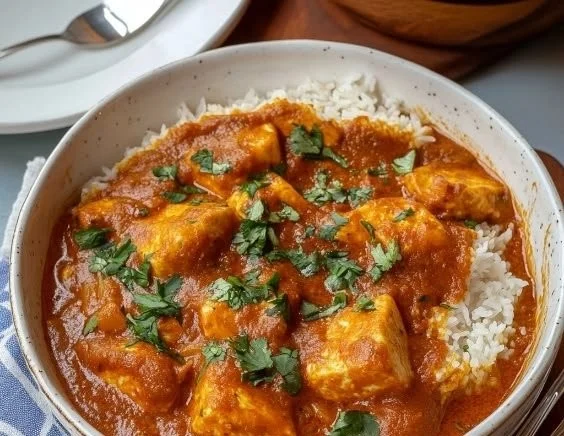Creamy halloumi and tomato curry garnished with fresh herbs