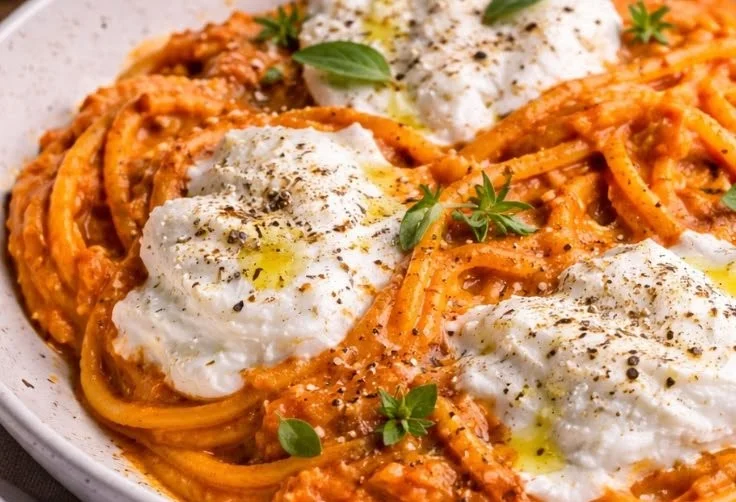 Creamy red pepper pasta topped with burrata and herbs in a bowl