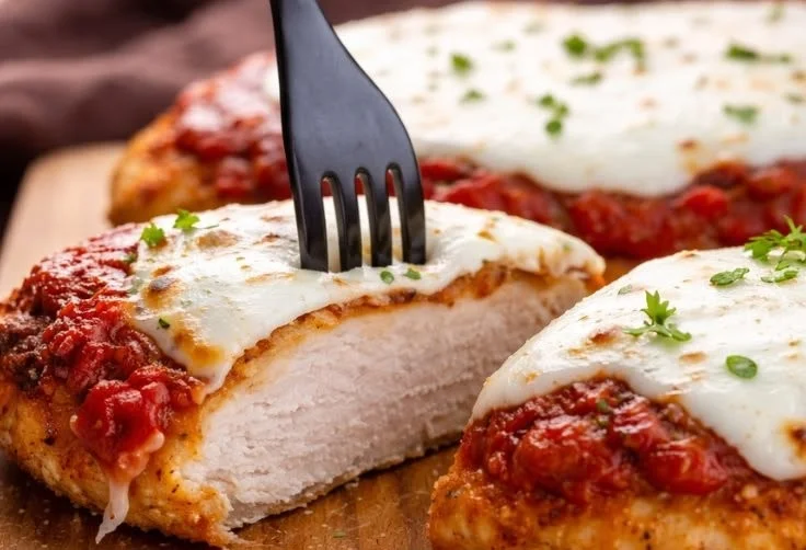 Creamy tomato basil chicken breast garnished with fresh basil leaves