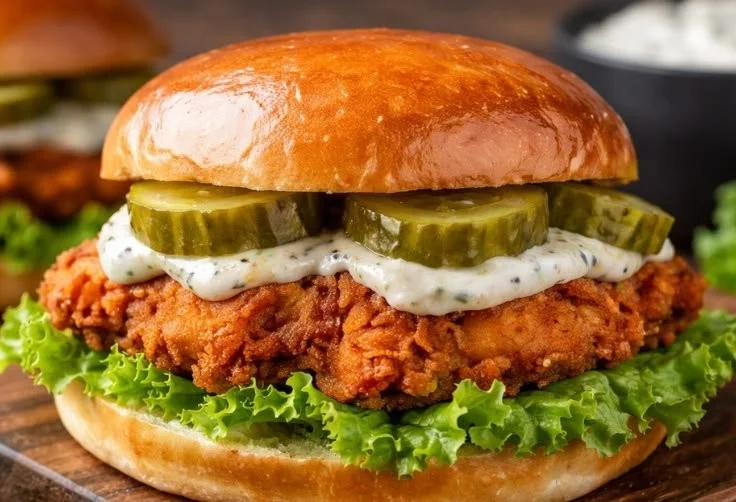 Crispy chicken sandwich with pickled slaw on a bun